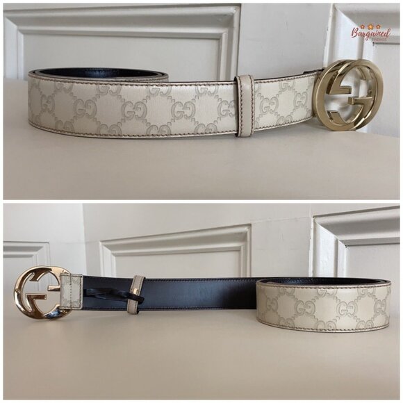 Authentic Gucci Cream Guccissima Leather Gold Interlocking G Buckle Belt 80/32 - Picture 10 of 13